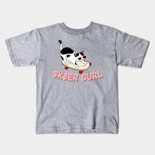 Black and White Cat on a Skateboard - Silly Sk8r Gurl Design Kids T-Shirt